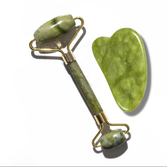 Jade Roller and Gua Sha Set Made From Natural Stone Dual Sided Massage For Men & Women