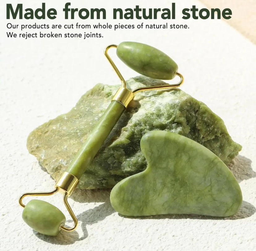 Jade Roller and Gua Sha Set Made From Natural Stone Dual Sided Massage For Men & Women
