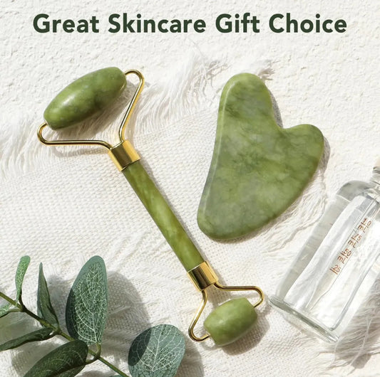 Jade Roller and Gua Sha Set Made From Natural Stone Dual Sided Massage For Men & Women